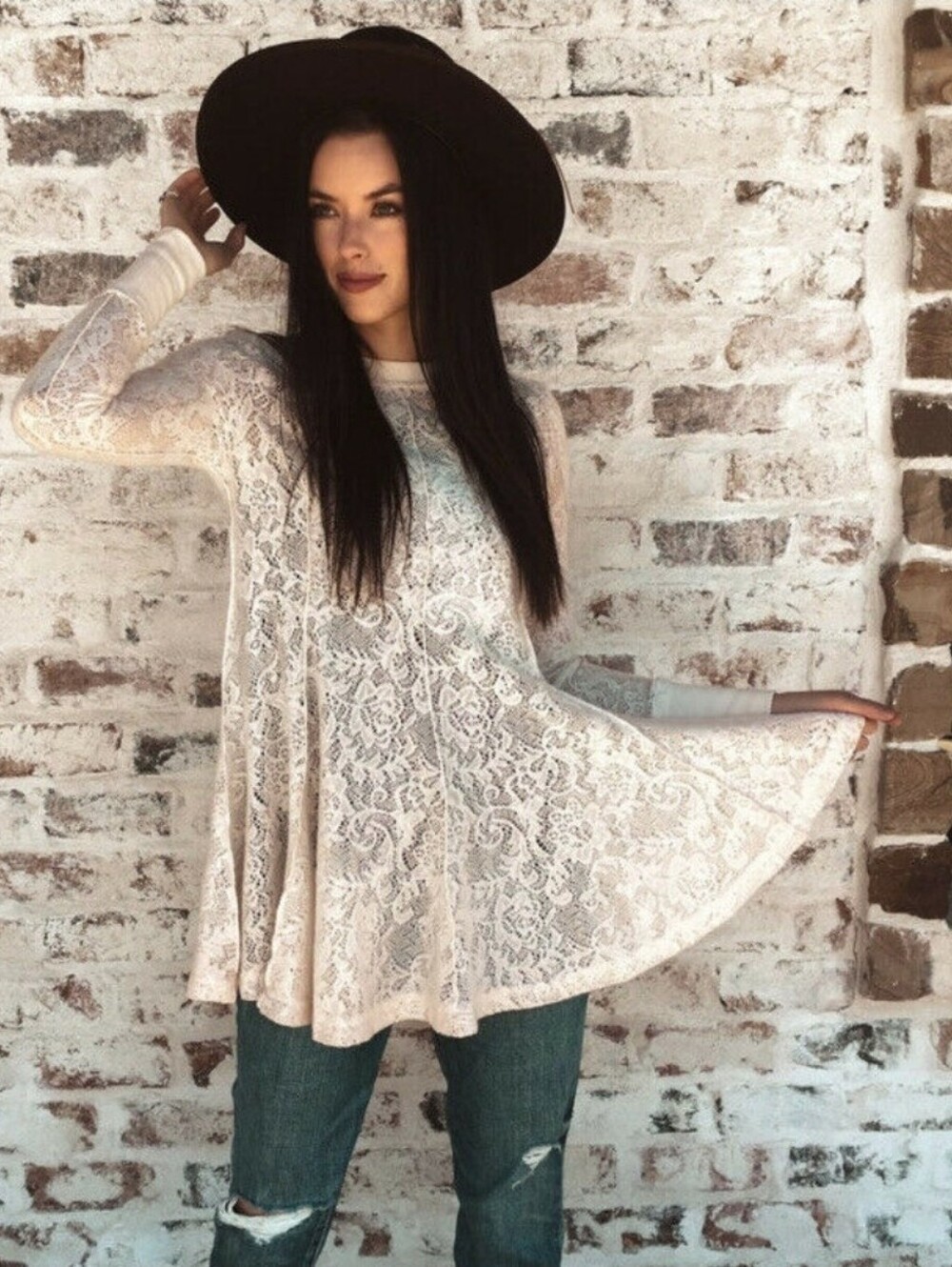 Boho Free People Coffee In The Morning Semi Sheer Lace Tunic Top Cream Small